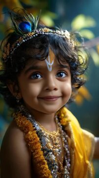 Joyful Janmashtami devotion: Hindu celebration, Krishna birth, adorable toddler, smiling baby, blue skin, yellow dress, divine infant, sacred monarch, cute child, Gokulashtami, Rohini, Jayanti