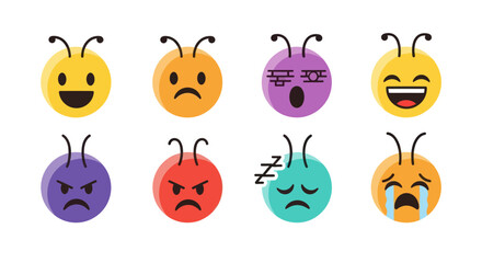 Collection of cartoon insect emoticons representing various emotions on white