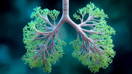 Intricate illustration of human lungs depicted as vibrant green tree branches, showcasing the beauty of nature intertwined with anatomy, symbolizing life and respiration in a harmonious design