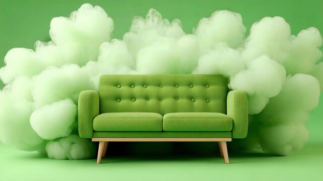 Green couch a vibrant green couch stands as a stylish centerpiece, set against a soft foam background, perfect for adding a modern touch to any interior space.