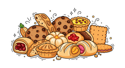 Delicious Assortment of Baked Goods Cookies, Cakes, and Pastries