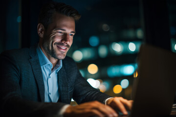 Smiling businessman working late on a laptop in a dim office, illuminated by city bokeh lights — focused professional using technology at night