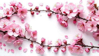 Fototapeta premium Delicate Pink Cherry Blossoms Frame on White Background - A Springtime Delight.