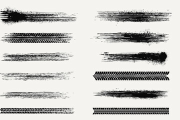 Obraz premium Tire tread marks, wheel texture, tire marks - car races, motocross, drift, rally, off-road and other. Vector black isolated texture in grunge style with splashes. Black and white monohcrome set