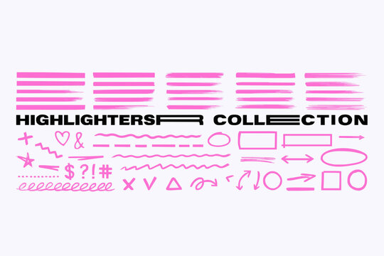 Highlighters graphic box, makers marks, underlines, arrows, notes in hand-drawn style. Underlines, lines, markers. Highlighters, scribble, doodle, notes for text, school board. Vector graphic set