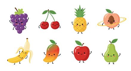 Cartoon fruits collection with happy faces perfect for educational materials