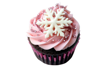 Festive Pink Cupcake with Snowflake Topping Isolated on Transparent Background