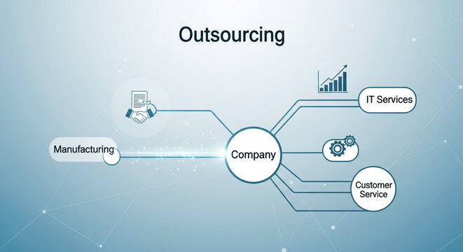 mind map showing the concept of "Outsourcing," connecting a central Company to various external services like Manufacturing, IT Services, and Customer Service - Powered by Adobe
