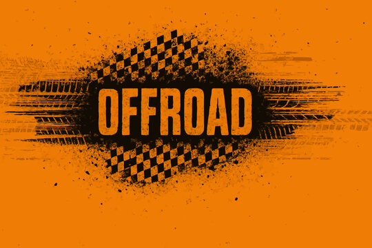 Orange illustration Offroad with grunge wheel tread marks and flag in grunge style. Off-road grunge banner with tire print and racing flag. Automotive element for banner, poster, event. Vector