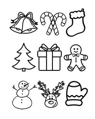 “Set of Christmas Line Icons Featuring Bells, Candy Cane, Stocking, Tree, Gift, Gingerbread Man, Snowman, Reindeer, and Mitten in Simple Outline Style”