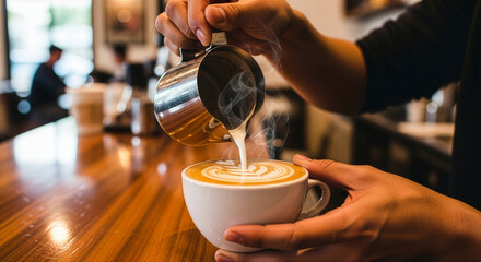 Close Up Barista Creating Latte Art with precision representing craftsmanship warm drink creativity and high quality coffee culture ideal for cafes branding and beverage marketing