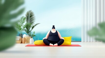 A person in athletic wear sits in a meditative pose on a red yoga mat, surrounded by plants and a bright window.
