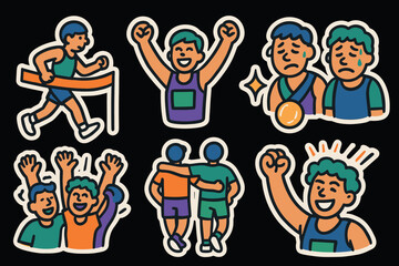 Victory and achievement icons set featuring celebratory poses and teamwork for design use