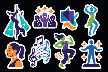 Fototapeta premium Vibrant pole dance and musical icons illustration set for creative design