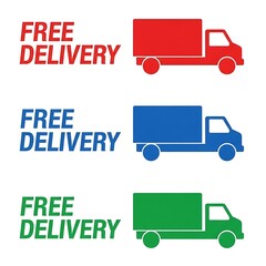 Free shipping day illustration of set of three free delivery truck icons in red blue and green