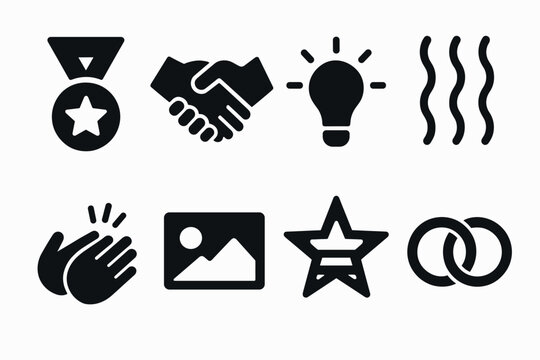 Minimalist icon set featuring medal, handshake, light bulb, waves, clapping hands, image, star, and rings for graphic design