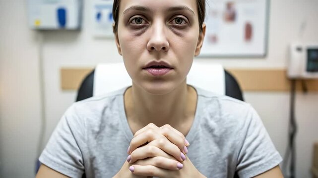 A pale woman with dark eye circles looks worried, hands clasped. She considers low iron, erythrocyte deficit, hemoglobin issues, and weakness during a health check.