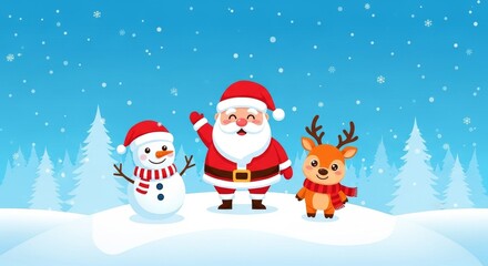 Cartoon christmas scene with santa claus snowman and reindeer in a snowy winter wonderland landscape
