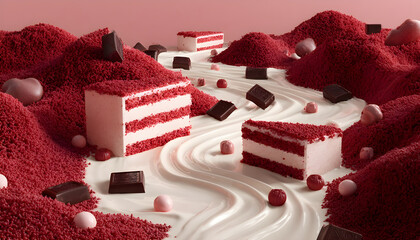 Red velvet cake slices forming walls, creating a surreal foodscape with creamy frosting rivers flowing around floating chocolate candies, evoking a sweet, indulgent dream