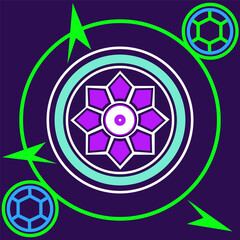 Abstract geometric design with purple flower and green arrows on a dark background