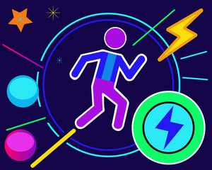 Energetic person running with lightning bolt and stars on a dark background