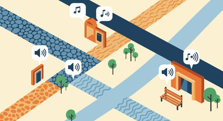 Isometric Cityscape with Sound and Music Icons.