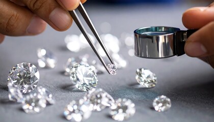 Close-up of a jeweler's hands inspecting a brilliant cut diamond with tweezers and a loupe, with many other gemstones scattered on a grey surface.