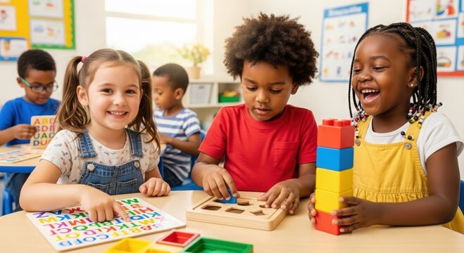 Preschoolers Enjoying Educational Games &ndash; Children developing skills while playing in classroom
