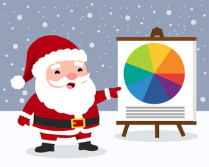 Santa Claus presenting a colorful pie chart during a winter snowfall
