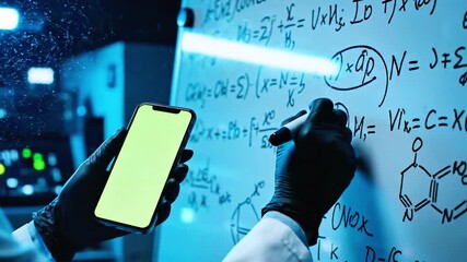A person in a lab coat, gloved hands, writing equations on a whiteboard while unlocking phone - Powered by Adobe