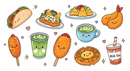 Adorable collection of smiling kawaii food illustrations, a charming set of cute snacks and drinks with happy faces