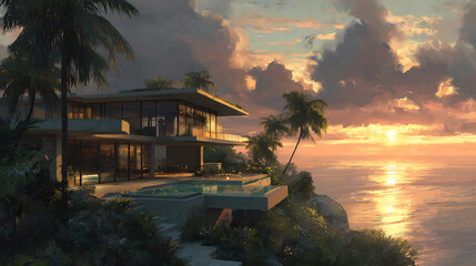 Modern cliffside villa with infinity pool at sunset architecture