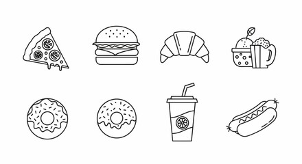 Set of Outline Food Icons Pizza, Burger, Croissant, Ice Cream, Donuts, Drink, Hot Dog - Black and White