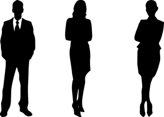 Business silhouettes of three people in formal attire against a white backdrop