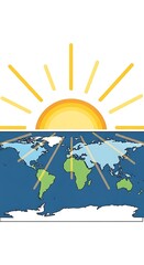 Sun Rising Over World Map Illustration with Bright Rays and Continents.