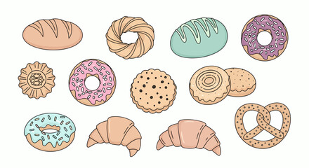A charming collection of hand-drawn sweet treats and baked goods, featuring an assortment of delicious pastries, bread, and cookies in a cute cartoon style