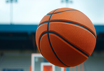 Dynamic Orange Basketball Hovering Near Rim on Court: Textured Ball with Black Seams, Stadium Background for Sports Posters, Team Banners, Fitness and Basketball Illustrations
