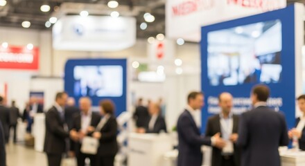 Fototapeta premium Business Expo Blur — Defocused view of exhibition booths and visitors highlighting networking atmosphere