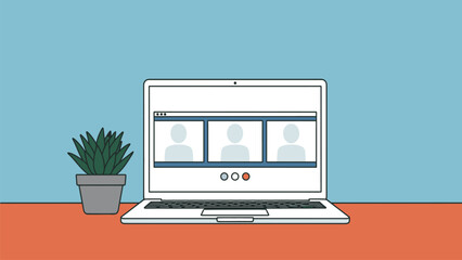 Vector Illustration of Laptop Video Conference Meeting on Desk with Potted Plant