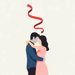 Romantic Embrace - A Couples Tender Moment with Red Ribbon.