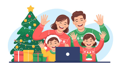 Festive Family Moments: A cheerful family gather to enjoy the holiday spirit, waving warmly in front of a decorated Christmas tree and presents. capturing the joyful moments. 