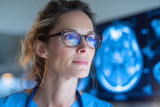 Female radiologist examines brain MRI on high-resolution monitor — focused medical professional in glasses analyzing neuroimaging for diagnosis