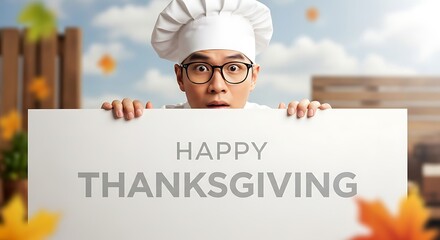 A surprised culinary professional in a white chef's hat holds a blank sign, capturing the essence of an exciting autumn harvest celebration or festive occasion