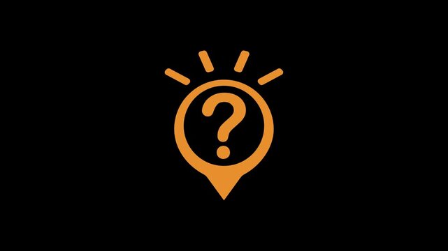 Animated logo reveal of location pin with question mark inside and rays of light on a dark background. Concept of frequently asked questions, problem solving, and support. 180 characters.