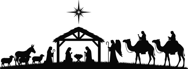 Christmas Nativity scene silhouette, birth of Jesus in manger, angel, wise men and animals, religious vector illustration.