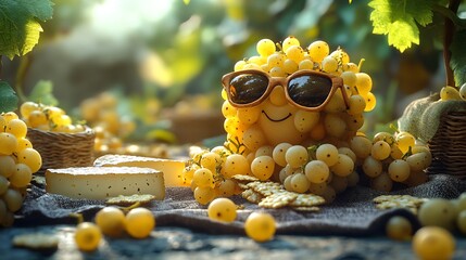 Playful bunch of grapes wearing tiny sunglasses and lounging on a picnic blanket with cheese and crackers creating a fun light hearted summer scene