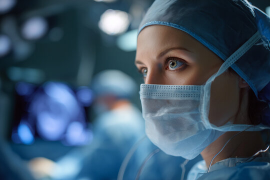 Determined female surgeon in operating room wearing surgical mask and cap, focused close-up portrait of a medical professional during surgery