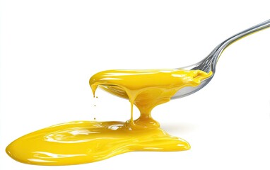 Yellow liquid pouring from a spoon onto a white background