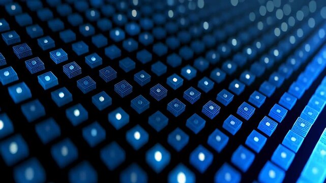 Abstract blue LED pixels glowing in a futuristic grid texture, visualizing digital data flow in a cinematic 3D animation background.