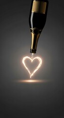 Champagne bottle pouring into a glowing heart shape, romantic concept.